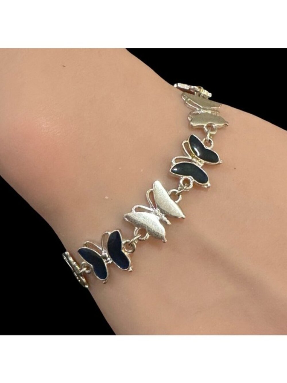 Cool Jewels Silver Butterfly Chain Bracelet With Black Enamel Accents